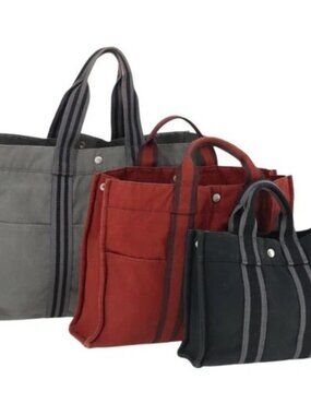HERMES Fourre Tout Hand Bag Canvas 3 Set Gray Black Red Auth 165128